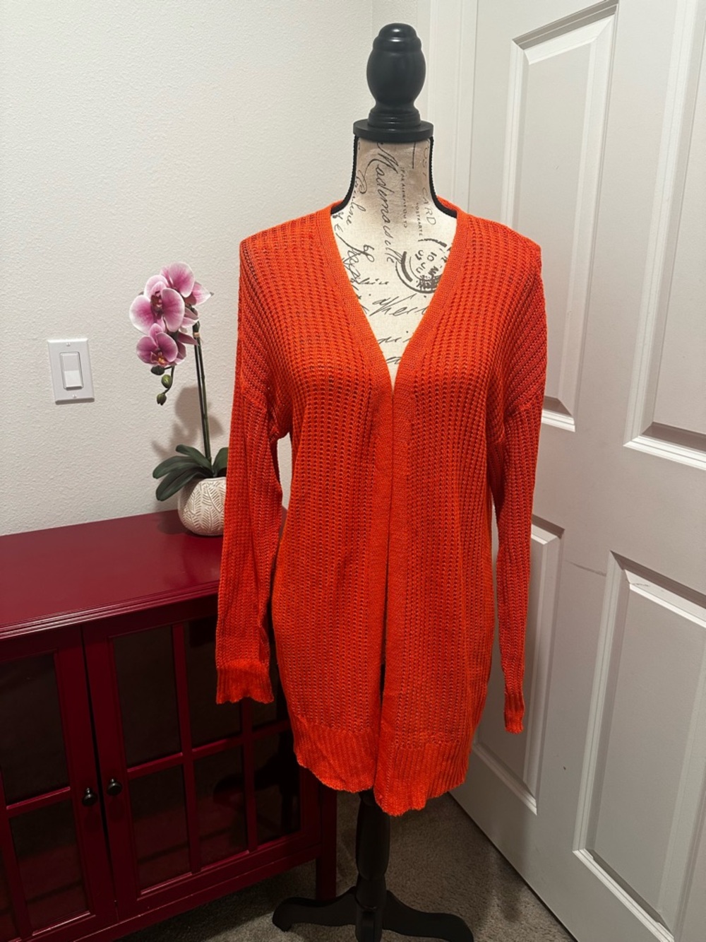 Women's Open Front Orange Knit Cardigan